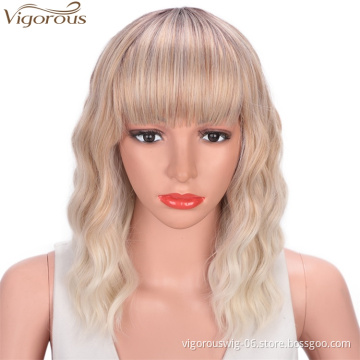Vigorous Wavy Short Bob with Air Bangs Shoulder Length Curly  Synthetic Cosplay Ombre Blonde Bob Wig for Girl